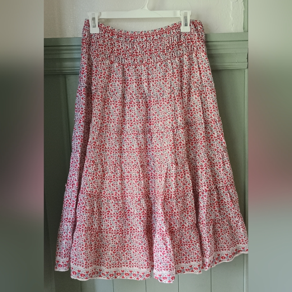 Tiered White and Red Printed Women's Maxi Skirt